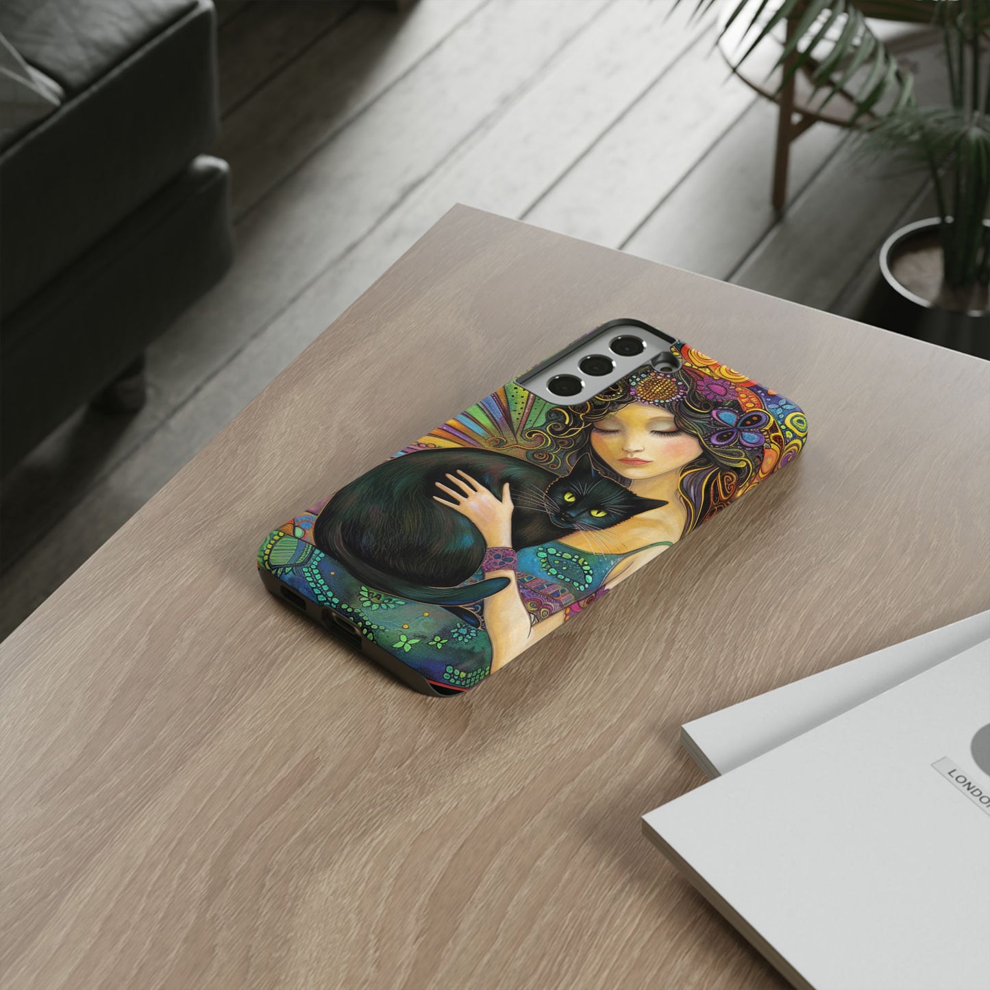 Artistic Phone Case, Celestial Cat Case, Bohemian Style, Gift for Cat Lovers, Unique Phone Protection, Colorful Design