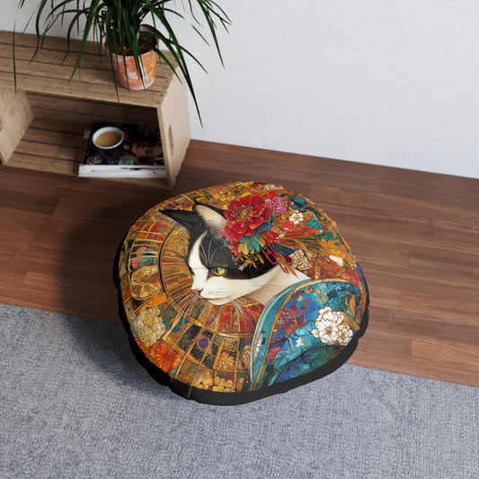 Elegant Geisha Cat Tufted Floor Pillow, Round, Cozy Home Decor, Cat Lover Gift, Boho Style Cushion, Unique Art Accent