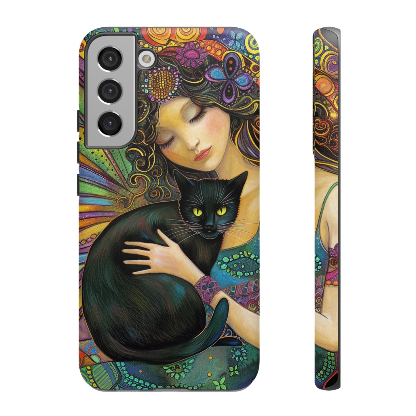Artistic Phone Case, Celestial Cat Case, Bohemian Style, Gift for Cat Lovers, Unique Phone Protection, Colorful Design