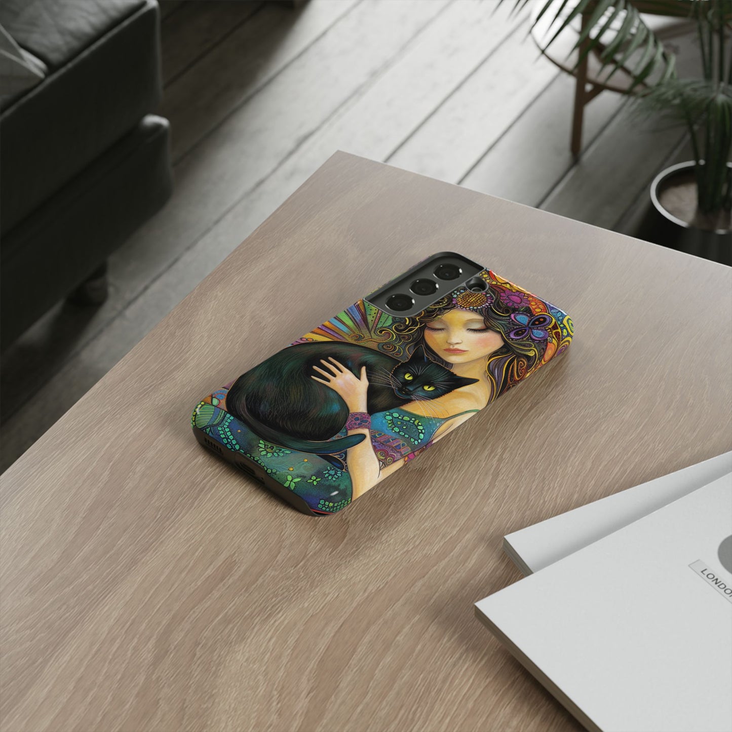 Artistic Phone Case, Celestial Cat Case, Bohemian Style, Gift for Cat Lovers, Unique Phone Protection, Colorful Design