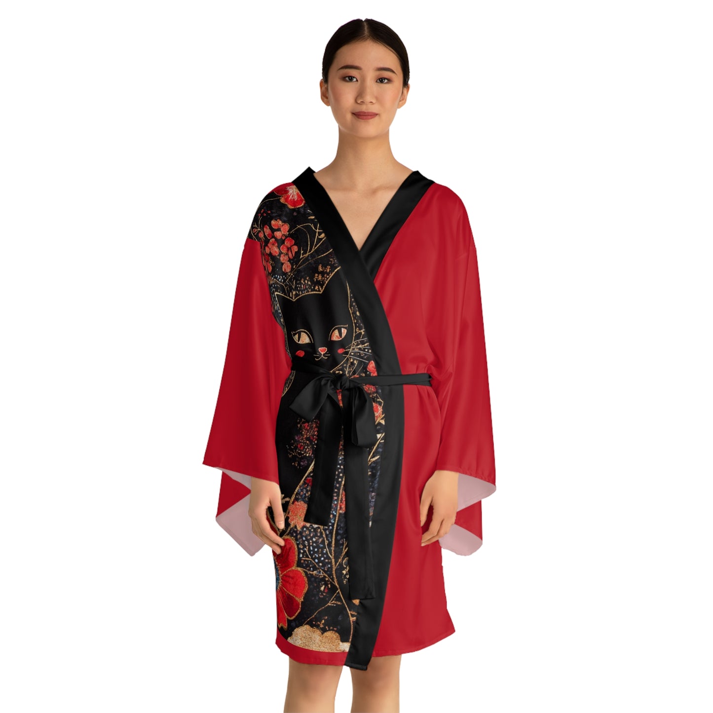 Geisha Cat Elegant Long Sleeve Kimono Robe, Cozy Loungewear, Perfect Gift for Her, Zen Home Decor, Cat Lovers' Style