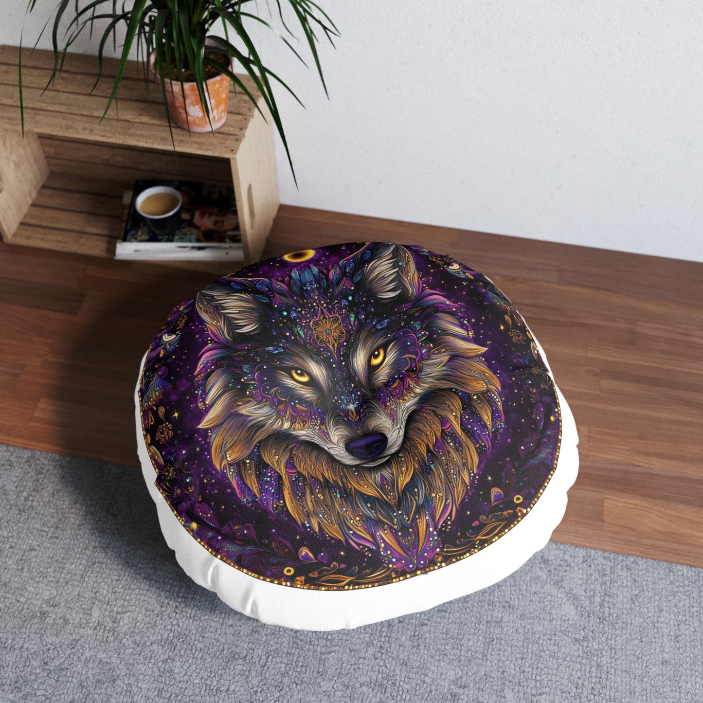Mystical Wolf Tufted Floor Pillow, Round Decorative Cushion, Boho Living Room Decor, Cozy Meditation Pillow, Unique Gift Idea