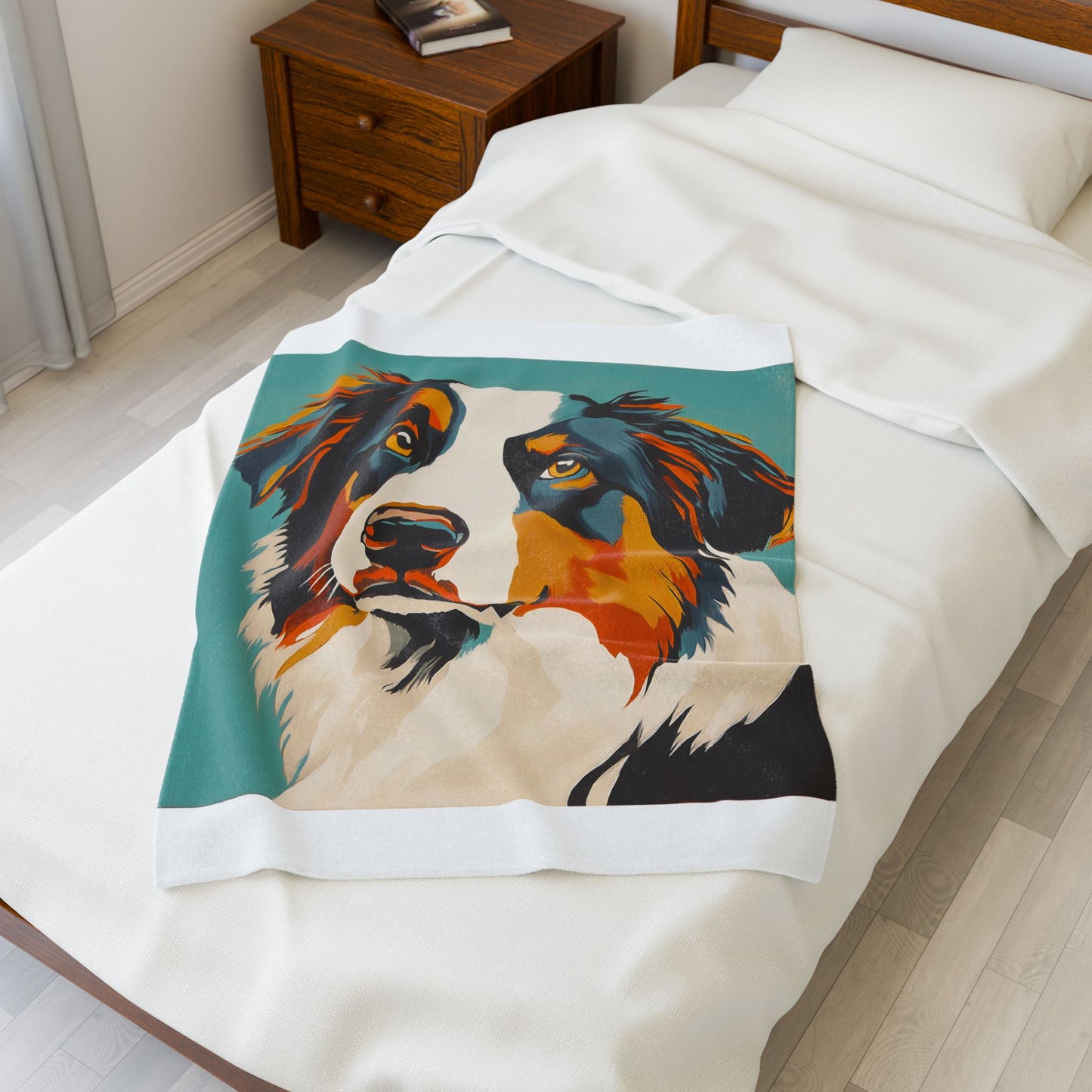 Mid Century Modern Black Tri Colored Aussie Portrait Velveteen Plush Blanket, Pet Lover Gift, Cozy Home Decor, Dog Enthusiast