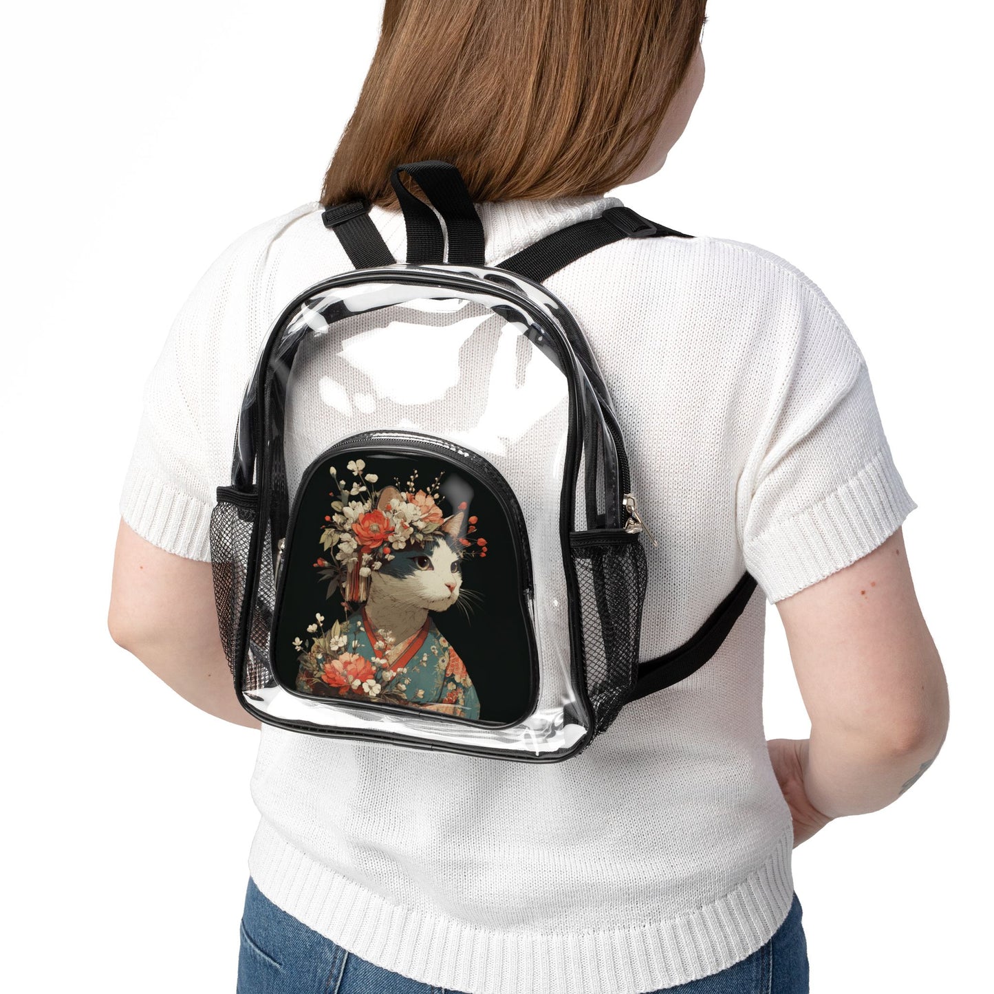 Clear Stadium Backpack with Floral Cat Design, Clear Bag for Concerts, Sports Events, Festivals, School, Fashion