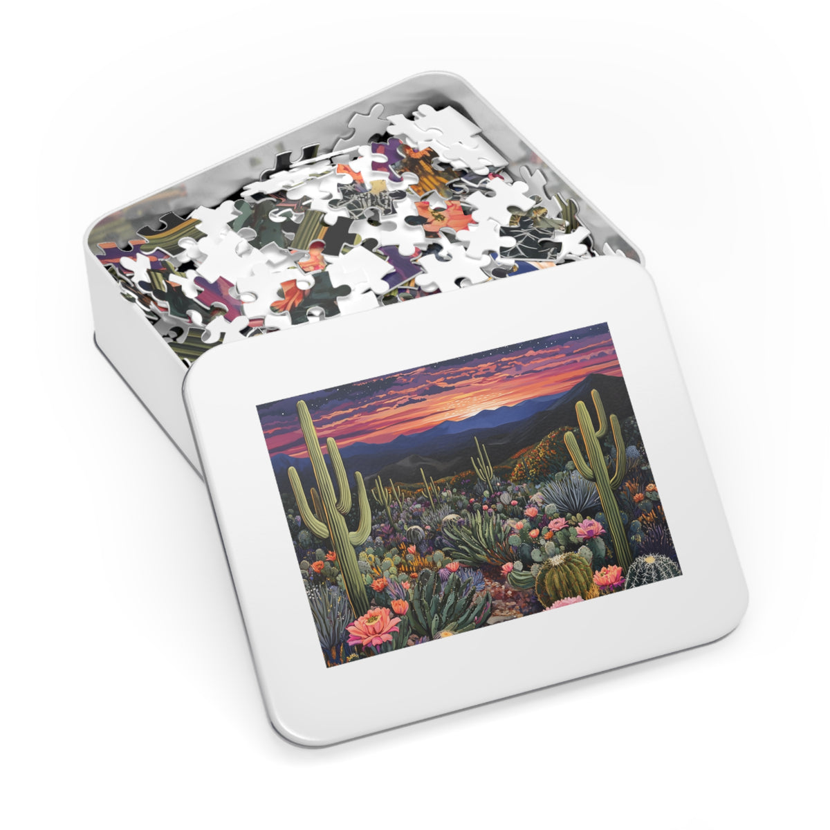Desert Cactus Sunset Jigsaw Puzzle with Tin | Desert Landscape Puzzle