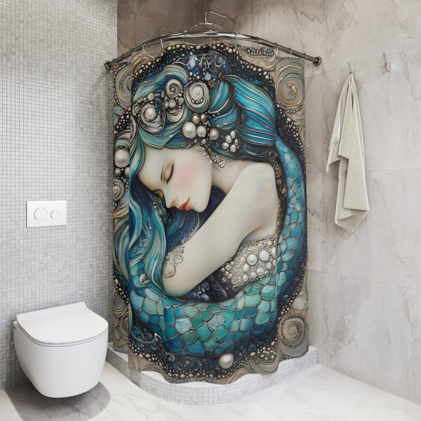 Elegant Mermaid Shower Curtain with Pearl Design, Nautical Bathroom Decor, Gifts for Ocean Lovers, Home Makeover, Coastal Vibe
