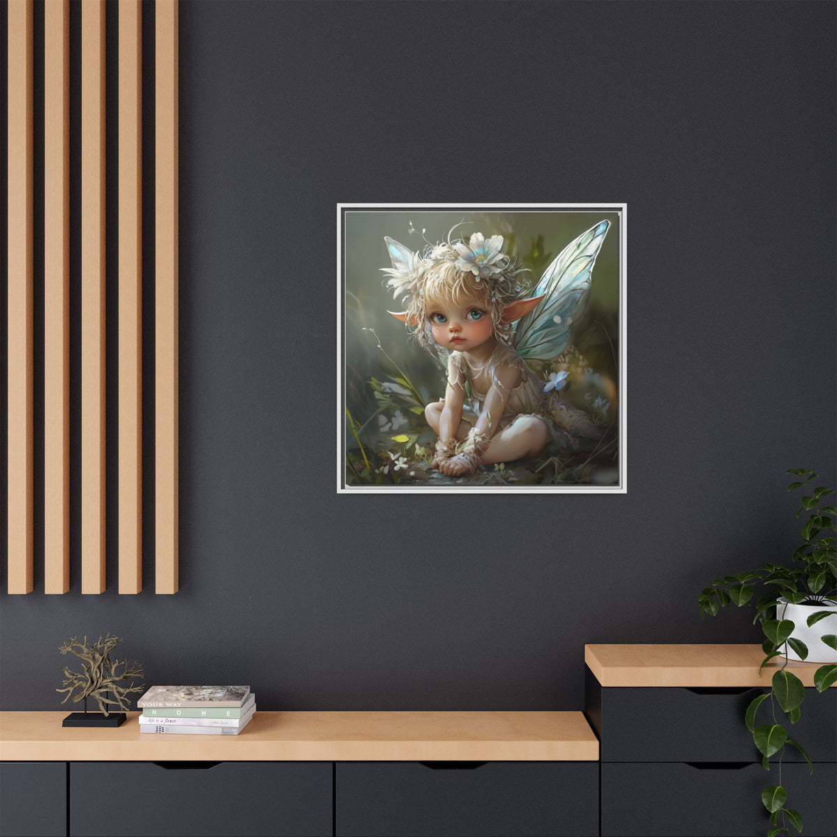 Baby Fairy Art Print, Framed Canvas, Whimsical Home Decor, Fairy Tale Gift, Magical Nursery Wall Art