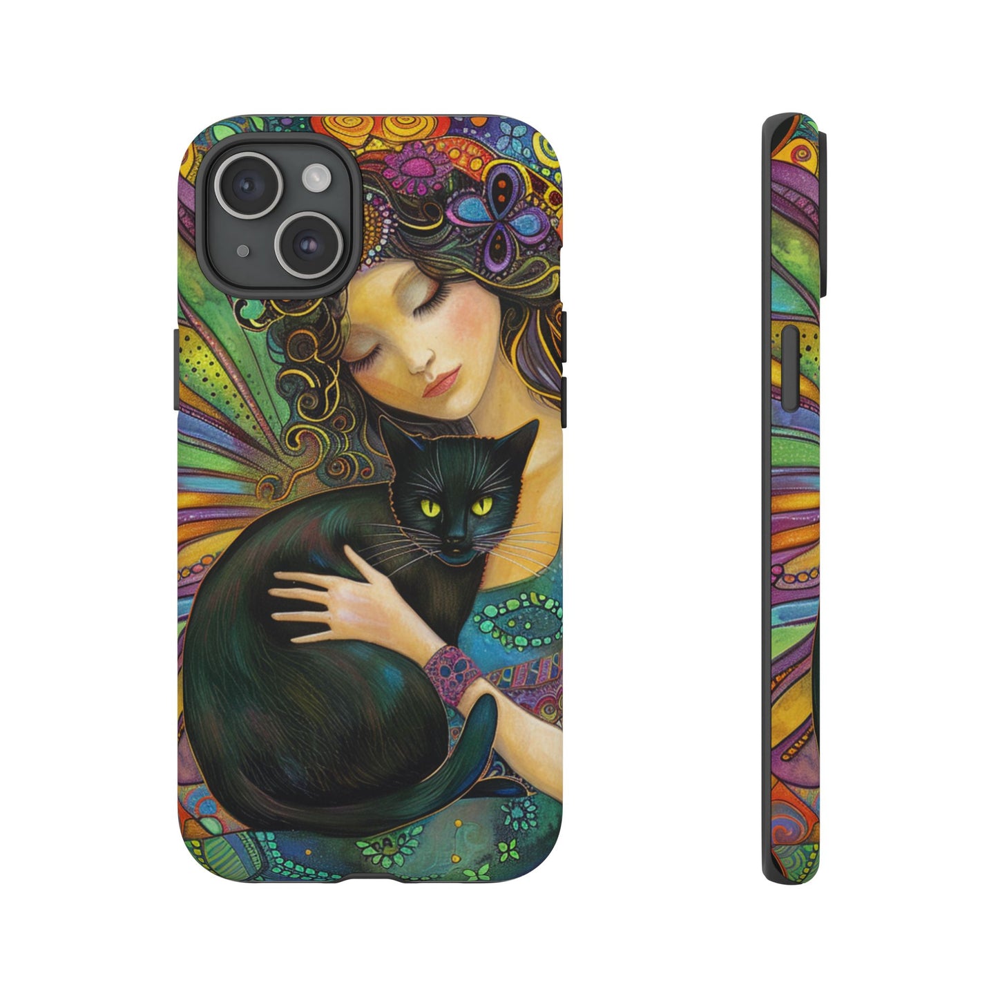 Artistic Phone Case, Celestial Cat Case, Bohemian Style, Gift for Cat Lovers, Unique Phone Protection, Colorful Design