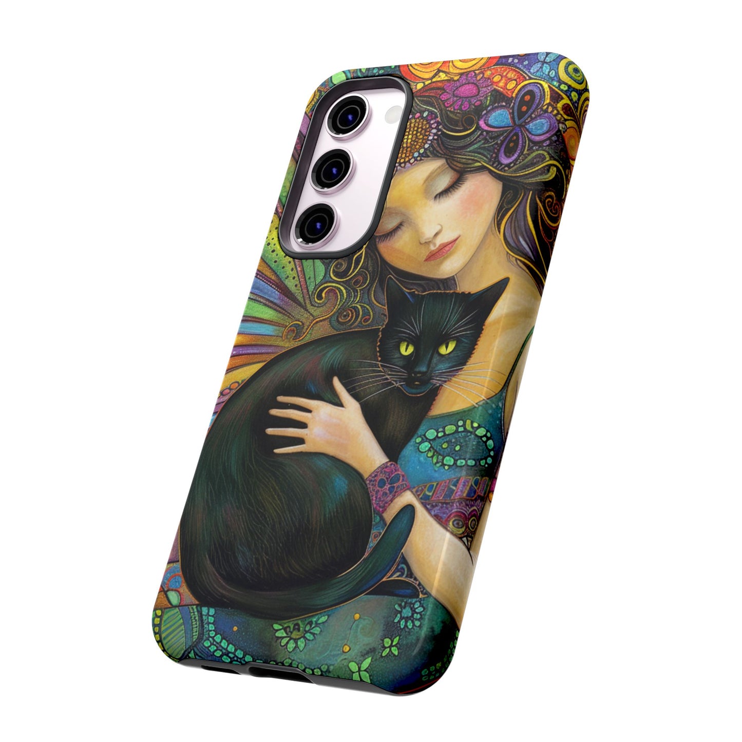 Artistic Phone Case, Celestial Cat Case, Bohemian Style, Gift for Cat Lovers, Unique Phone Protection, Colorful Design