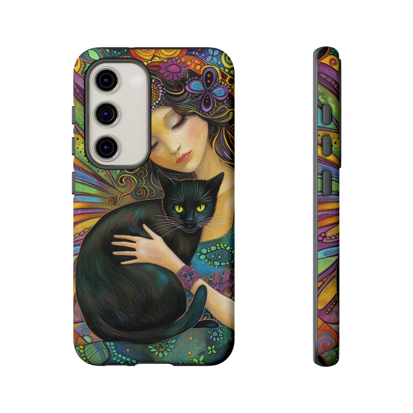 Artistic Phone Case, Celestial Cat Case, Bohemian Style, Gift for Cat Lovers, Unique Phone Protection, Colorful Design