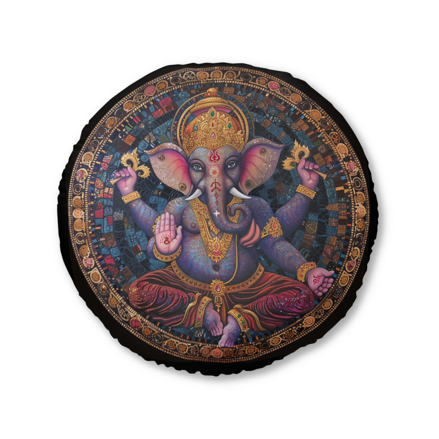 Ganesha Meditative Tufted Floor Pillow, Bohemian Decor, Round Cushion, Relaxation Seat, Yoga Mat Accessory, Ganesha Art Pillow