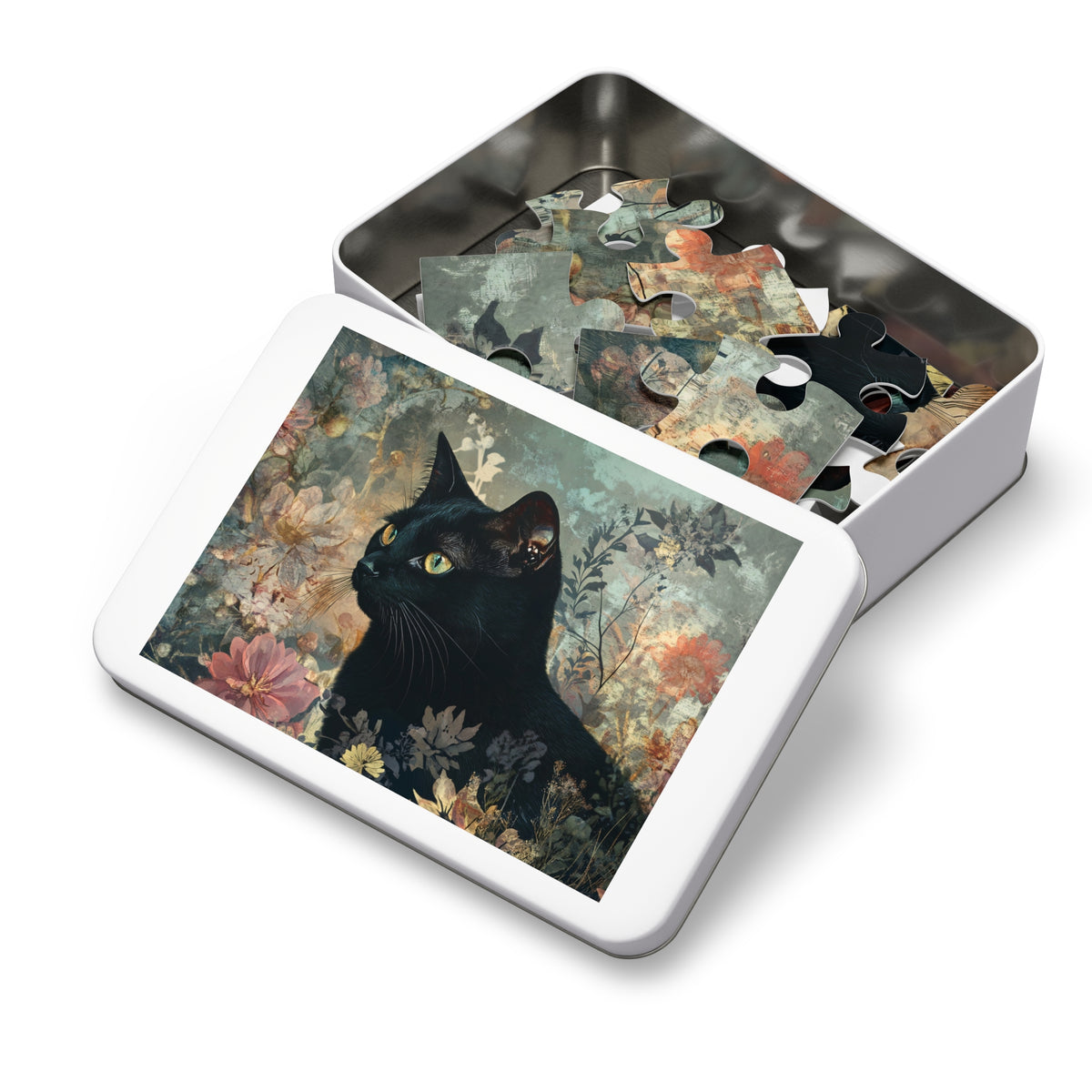 Black Cat Floral Art Jigsaw Puzzle with Tin