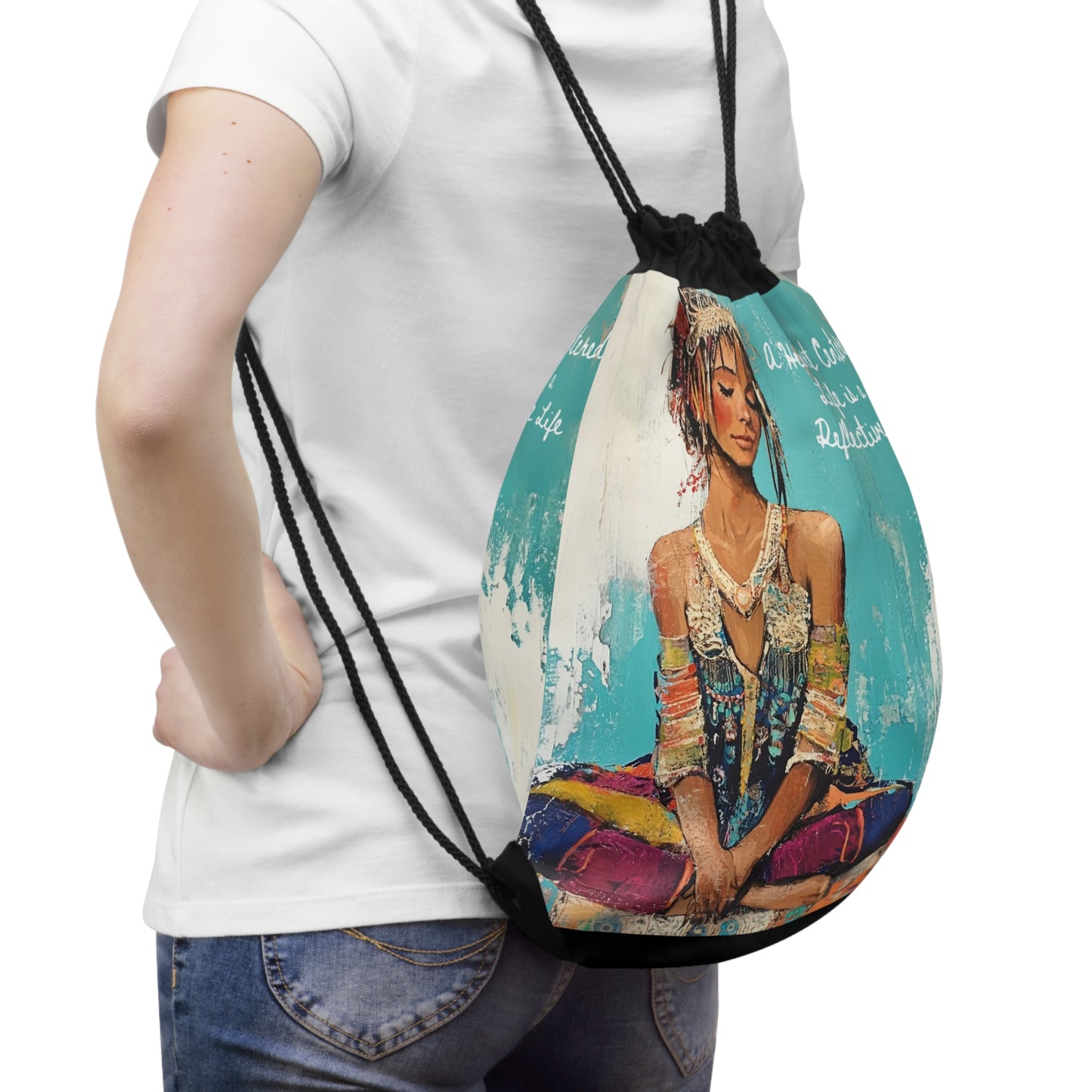 Bohemian Meditating Woman Drawstring Bag Yoga Art, Reflective Life