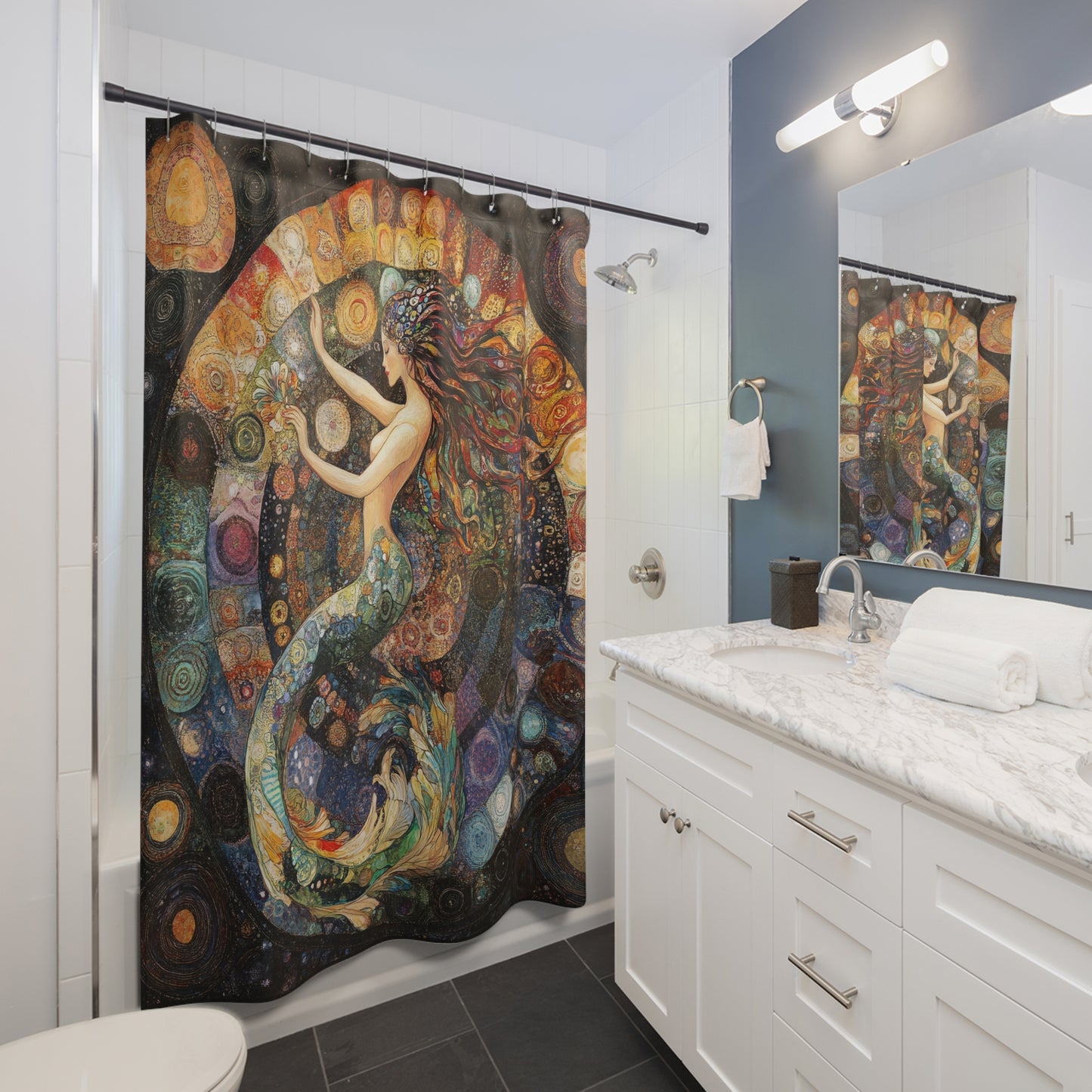 Autumn Mermaid Shower Curtain, Nautical Bathroom Decor, Fantasy Home Accessory, Bohemian Style, Ocean-Themed Gift