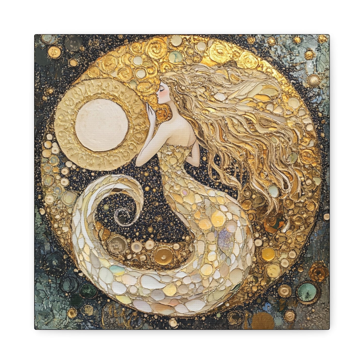 Mermaid Moon Art Canvas, Magical Home Decor, Coastal Vibes, Bohemian Wall Art, Gift for Sea Lovers, Nautical Aesthetic, Unique Art Piece