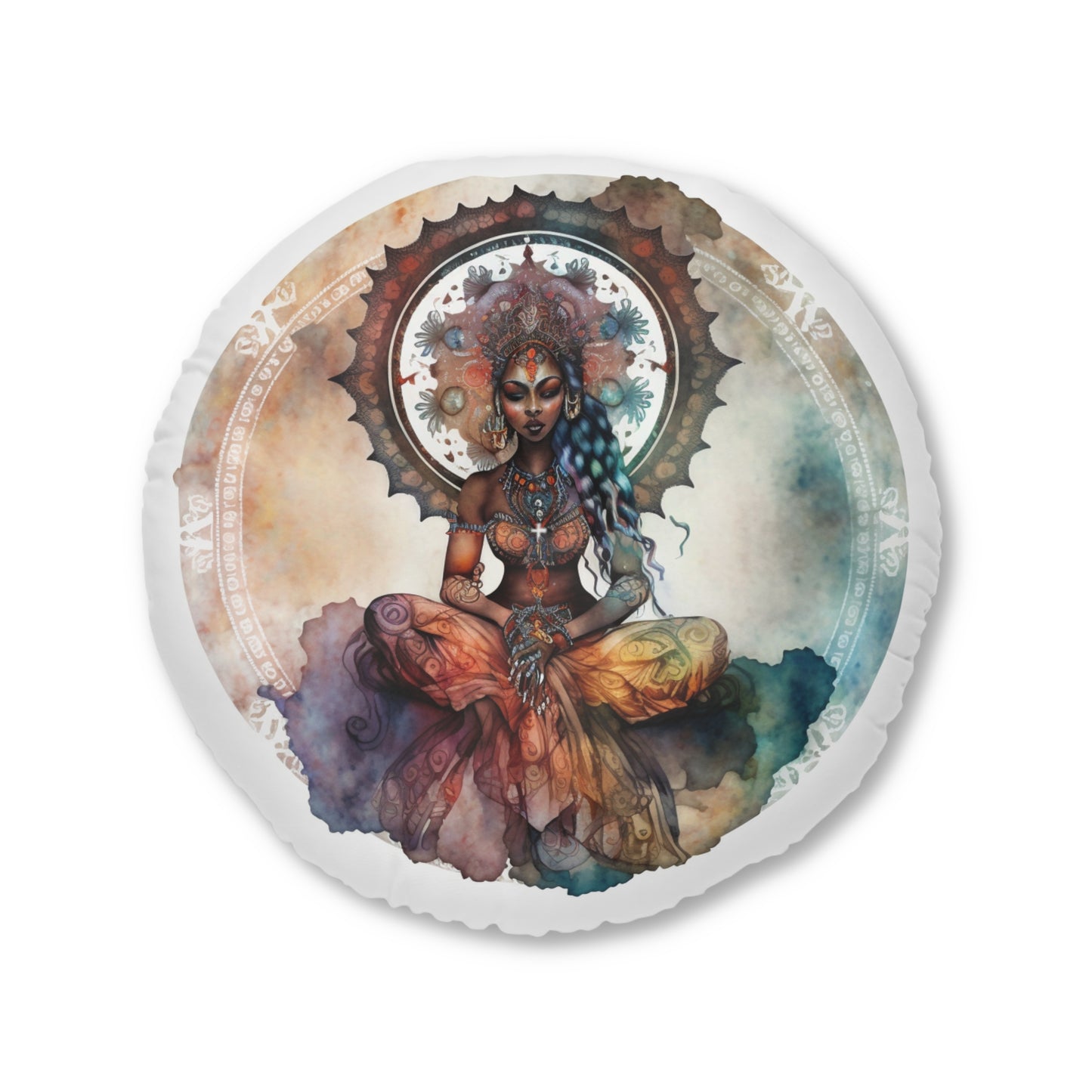 Bohemian Mystical Goddess Round Tufted Floor Pillow, Meditation Cushion, Boho Decor, Cozy Home Accent, Yoga Studio Essential