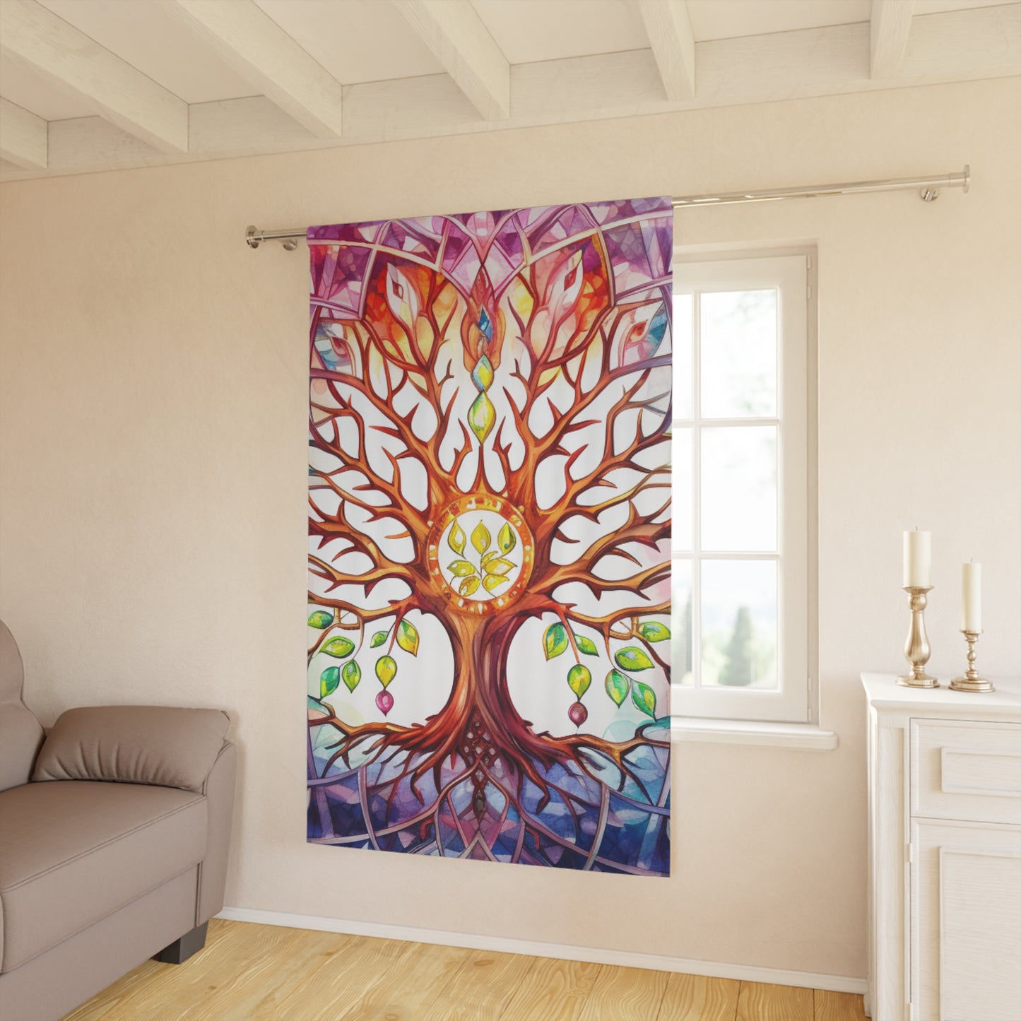 Colorful Tree of Life Window Curtains, Boho Home Decor, Stained Glass Style, Living Room Accent, Unique Gift Idea