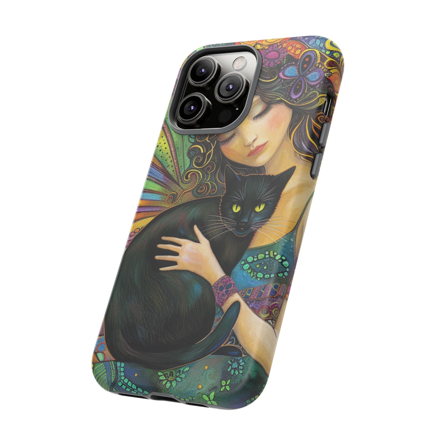 Artistic Phone Case, Celestial Cat Case, Bohemian Style, Gift for Cat Lovers, Unique Phone Protection, Colorful Design
