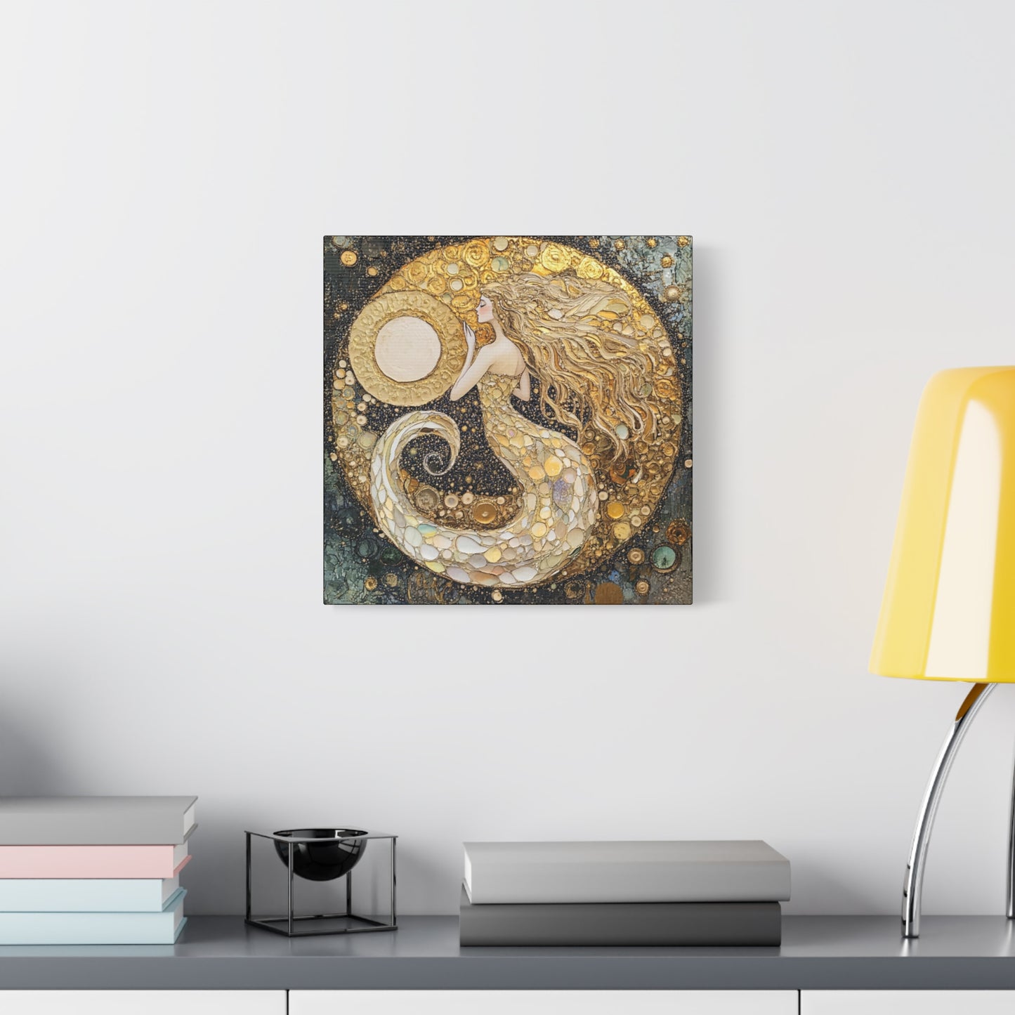 Mermaid Moon Art Canvas, Magical Home Decor, Coastal Vibes, Bohemian Wall Art, Gift for Sea Lovers, Nautical Aesthetic, Unique Art Piece