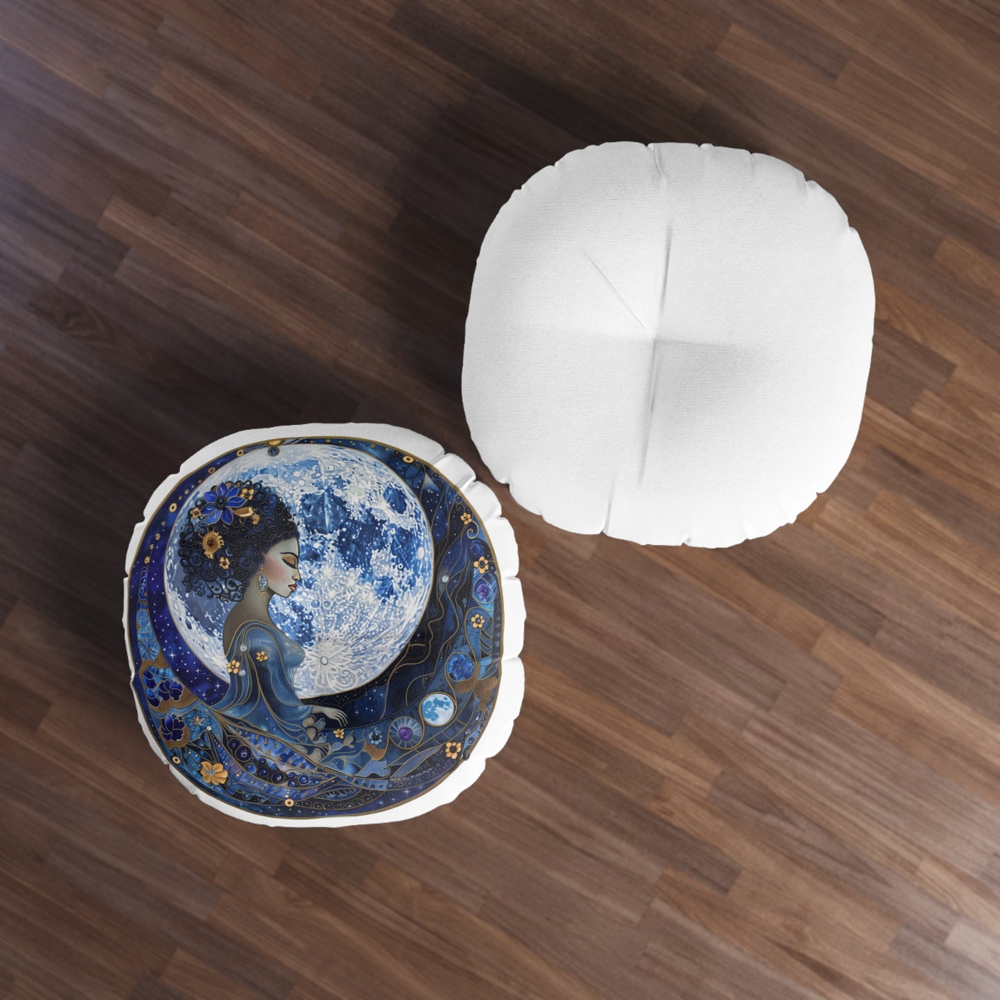Blue Moon Goddess Tufted Floor Pillow, Round - Moon Goddess Decor, Bohemian Home Accent, Cozy Living Space, Gift for Her