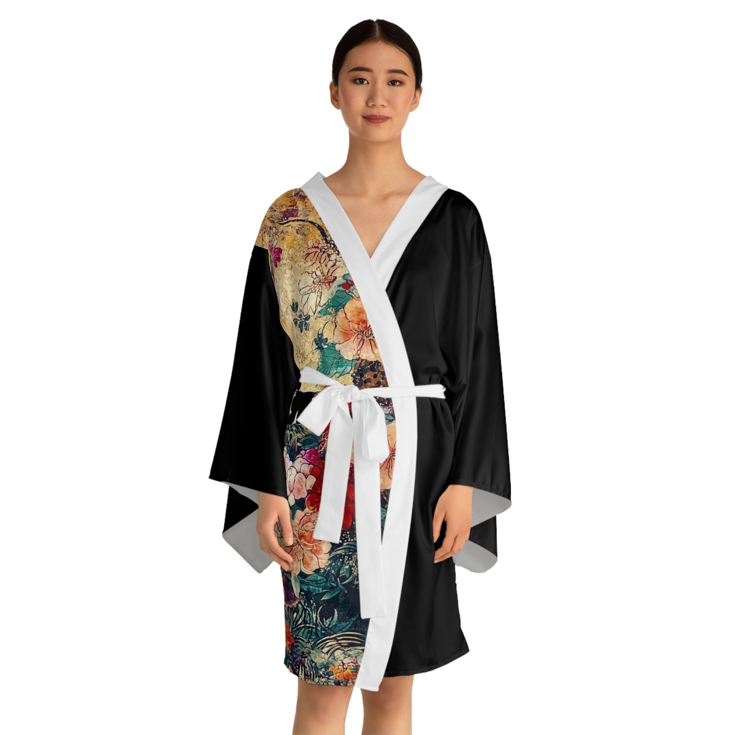 Geisha Cat Elegant Long Sleeve Kimono Robe, Cat-Themed Loungewear, Perfect for Relaxation, Gift for Cat Lovers, Cozy Home Decor