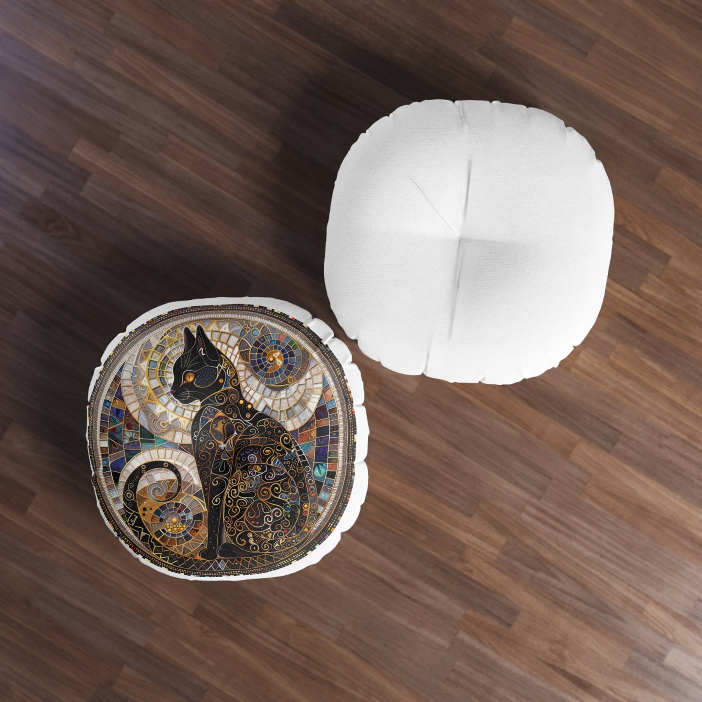 Mystical Cat-Themed Tufted Floor Pillow, Round | Cozy Home Decor, Bohemian Style Cushion, Gift for Cat Lovers, Accent Pillow