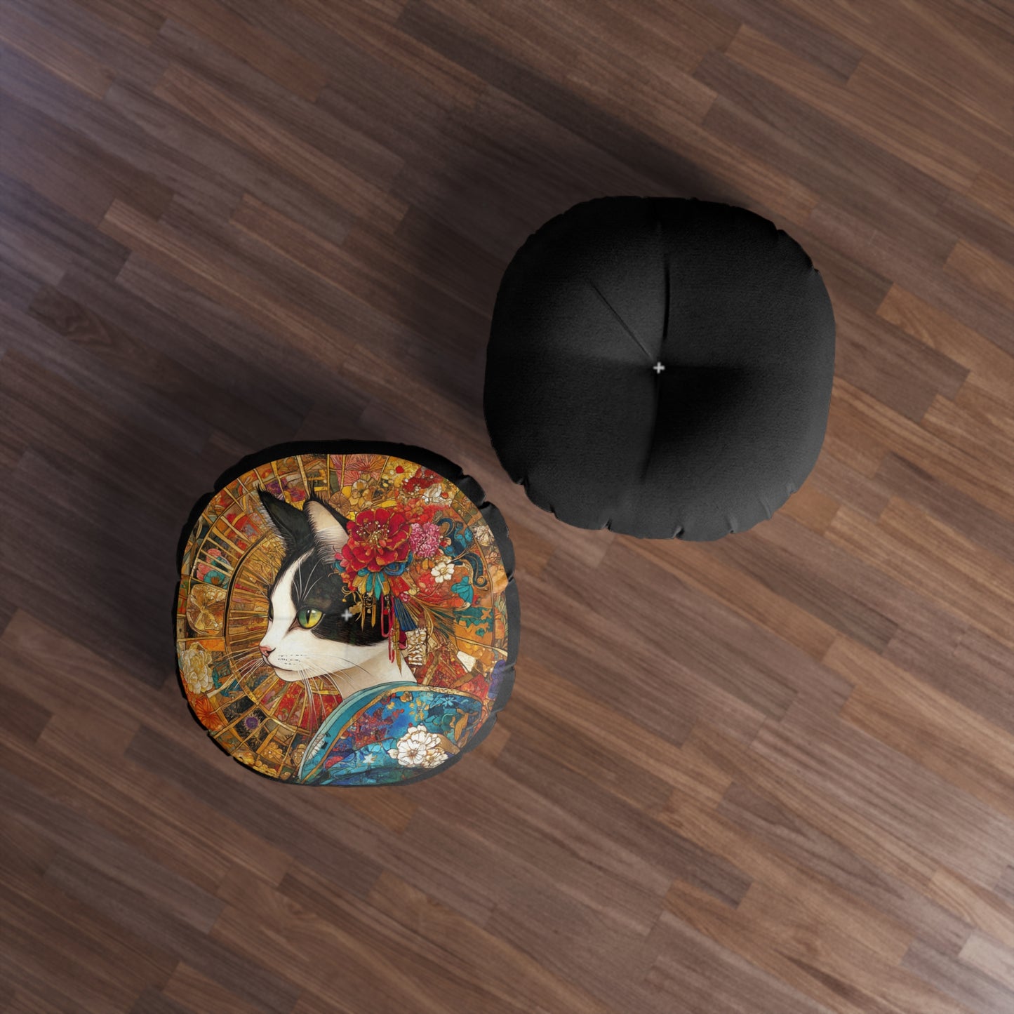 Elegant Geisha Cat Tufted Floor Pillow, Round, Cozy Home Decor, Cat Lover Gift, Boho Style Cushion, Unique Art Accent