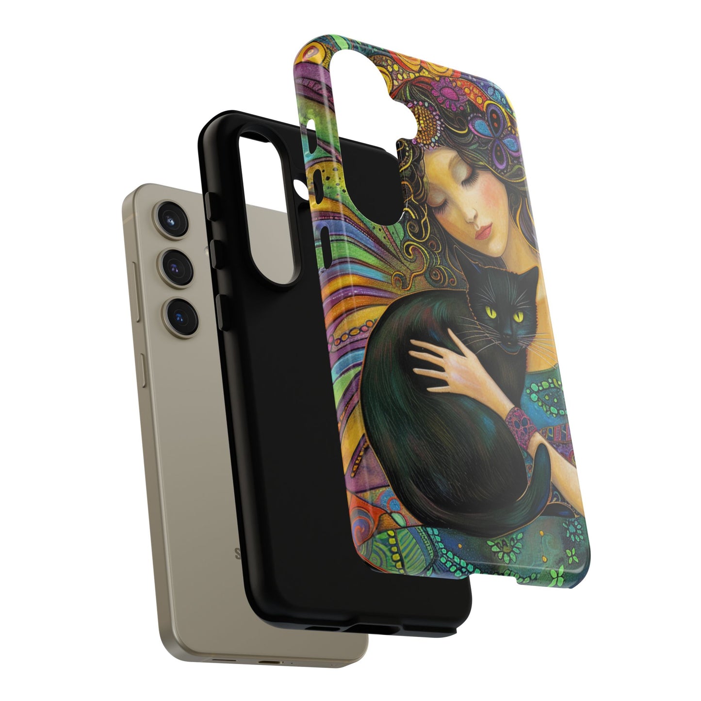 Artistic Phone Case, Celestial Cat Case, Bohemian Style, Gift for Cat Lovers, Unique Phone Protection, Colorful Design