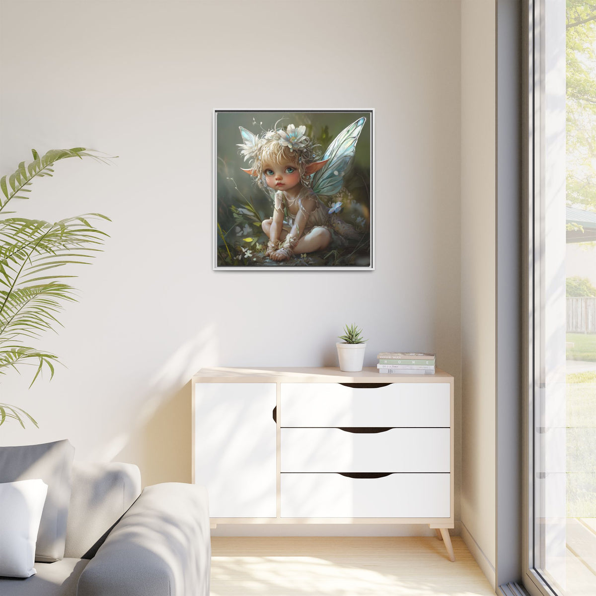 Baby Fairy Art Print, Framed Canvas, Whimsical Home Decor, Fairy Tale Gift, Magical Nursery Wall Art