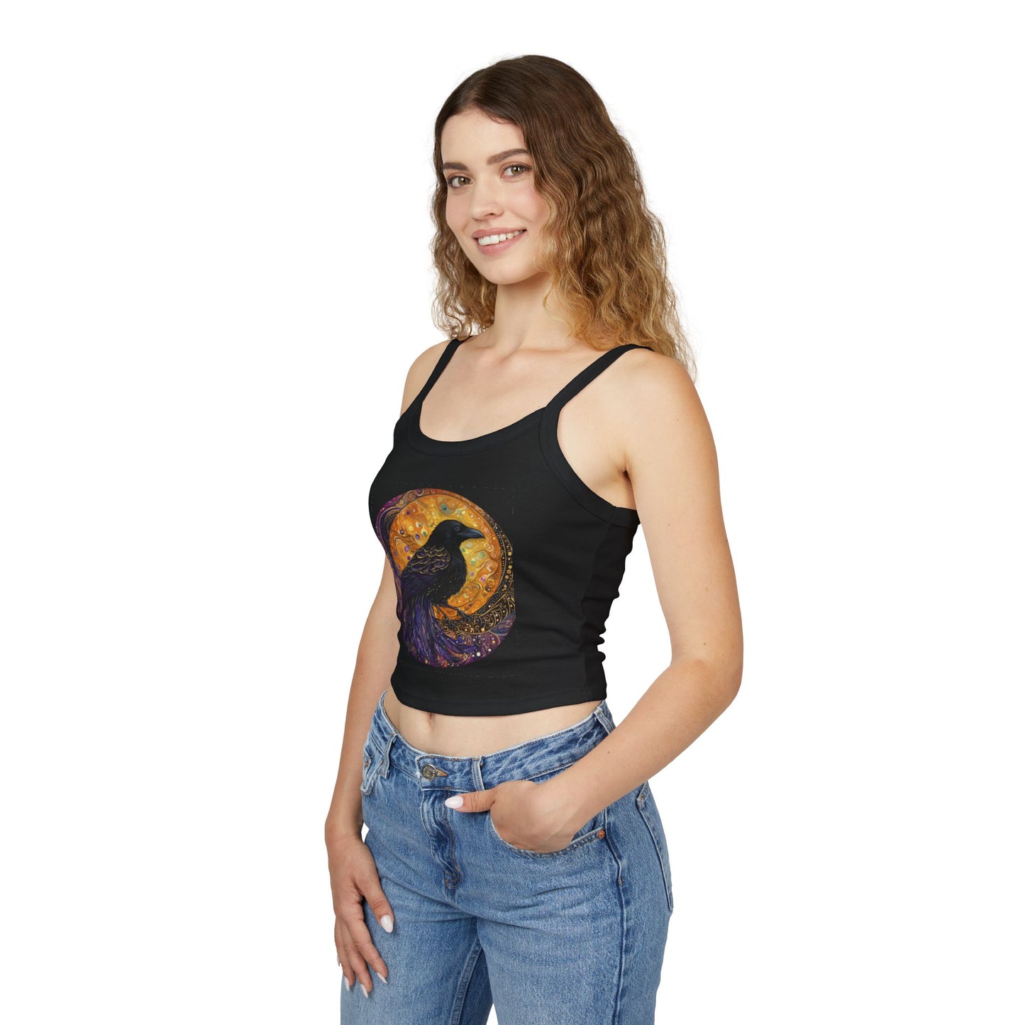 Mystical Raven Tank Top, Bohemian Crop Tee, Women's Summer Apparel, Festival Wear, Moon Phase Fashion