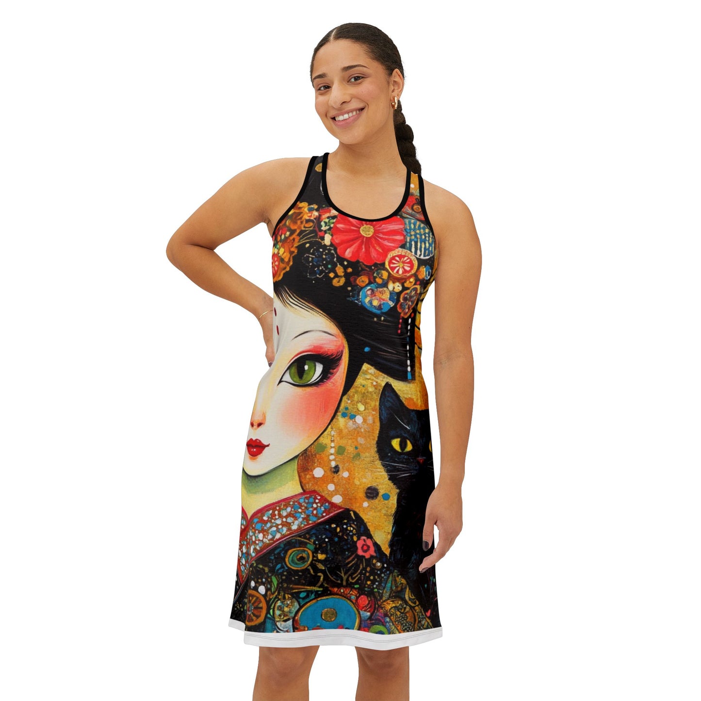 Geisha Cat Women’s Racerback Dress with Cat Design | Summer Fashion, Casual Dress, Beachwear, Festival Attire, Unique Gift