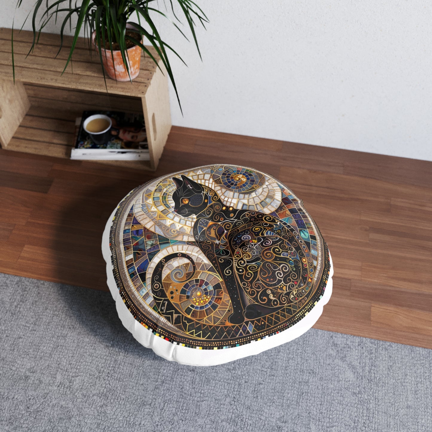 Mystical Cat-Themed Tufted Floor Pillow, Round | Cozy Home Decor, Bohemian Style Cushion, Gift for Cat Lovers, Accent Pillow