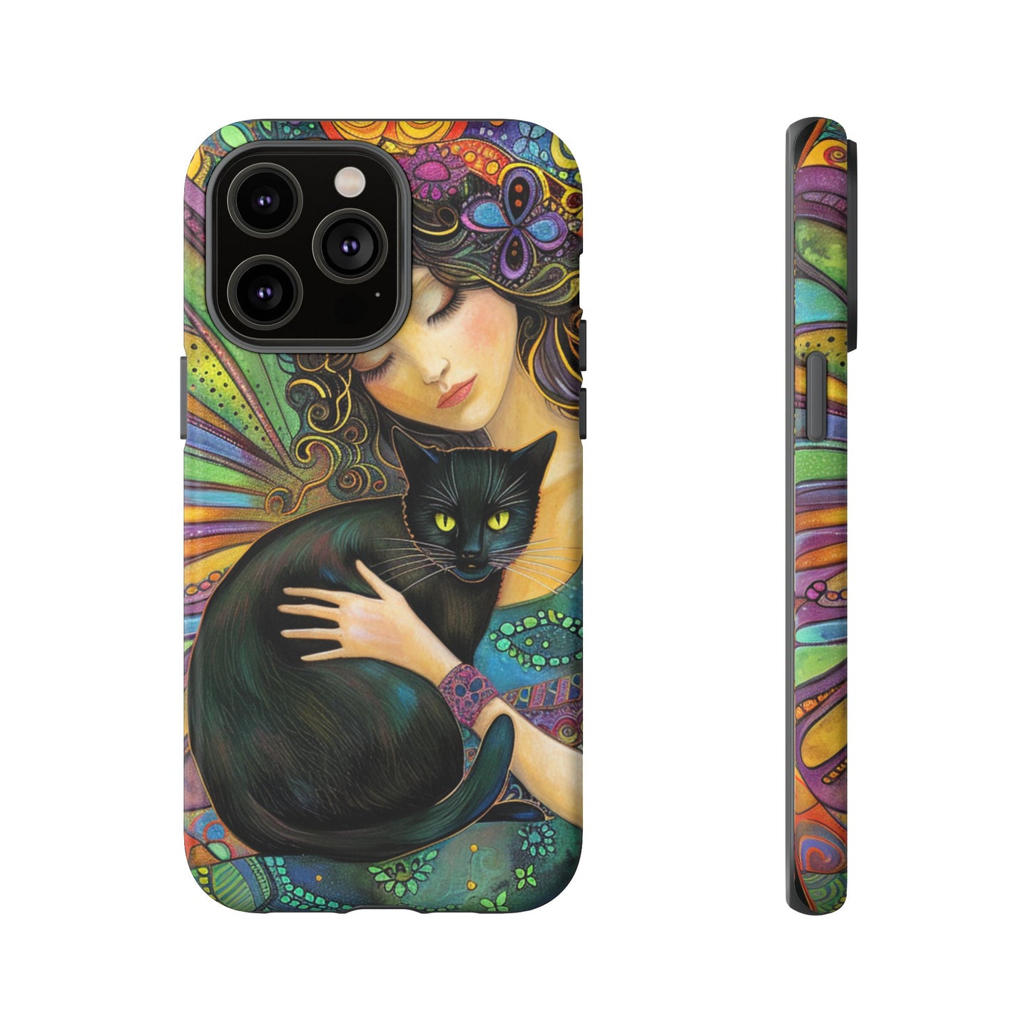 Artistic Phone Case, Celestial Cat Case, Bohemian Style, Gift for Cat Lovers, Unique Phone Protection, Colorful Design