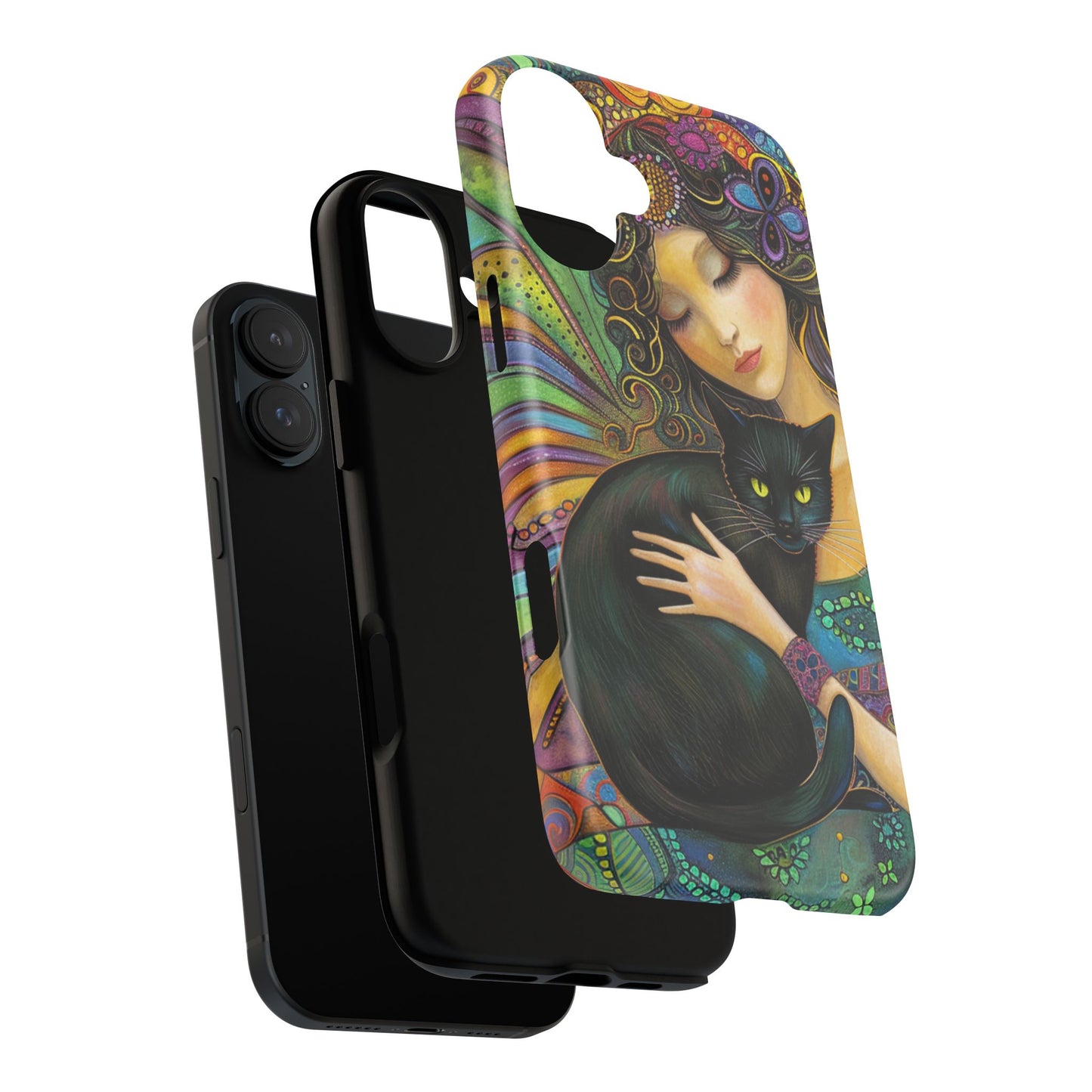 Artistic Phone Case, Celestial Cat Case, Bohemian Style, Gift for Cat Lovers, Unique Phone Protection, Colorful Design