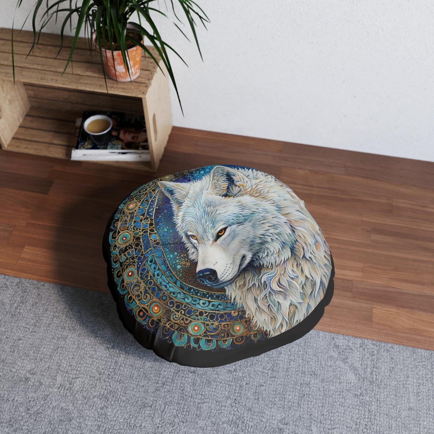 Wolf Print Tufted Floor Pillow, Round Decorative Cushion, Cosmic Home Decor, Nature-inspired Throw Pillow, Boho Living Room Accent