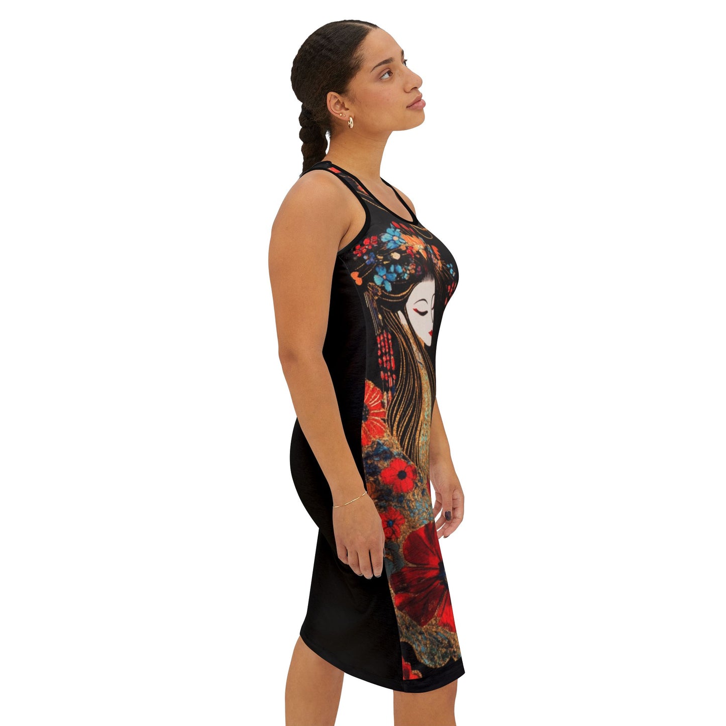 Geisha Cat Floral Racerback Dress, Summer Casual Dress, Ideal for Festivals, Beach Wear, Unique Gift for Women, Art Inspired Fashion