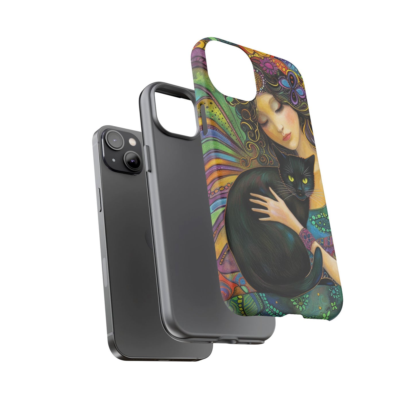 Artistic Phone Case, Celestial Cat Case, Bohemian Style, Gift for Cat Lovers, Unique Phone Protection, Colorful Design