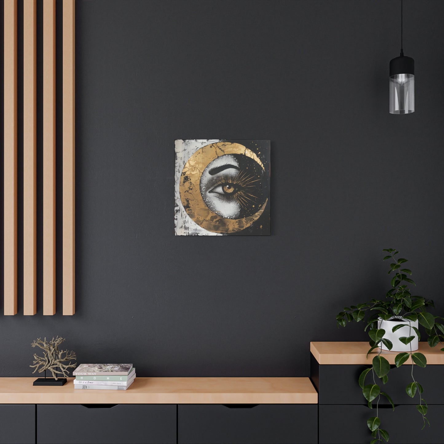 Celestial Eye Canvas Art, Gold Moon Wall Decor, Modern Home Aesthetic, Spiritual Artwork, Gift for Meditation, Boho Living Room Accent