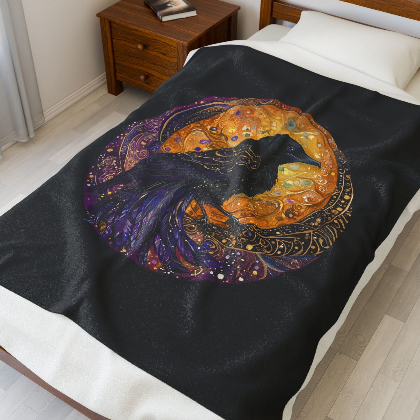 Raven Moon Plush Blanket | Cozy Decorative Throw, Gift for Bird Lovers, Bedroom Decor, Halloween Vibes, Home Comfort