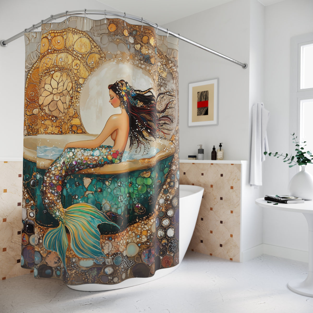 Mermaid Shower Curtain, Ocean Vibes Bathroom Decor, Nautical Gift, Bohemian Style Home Decor, Sea Goddess Shower Curtain