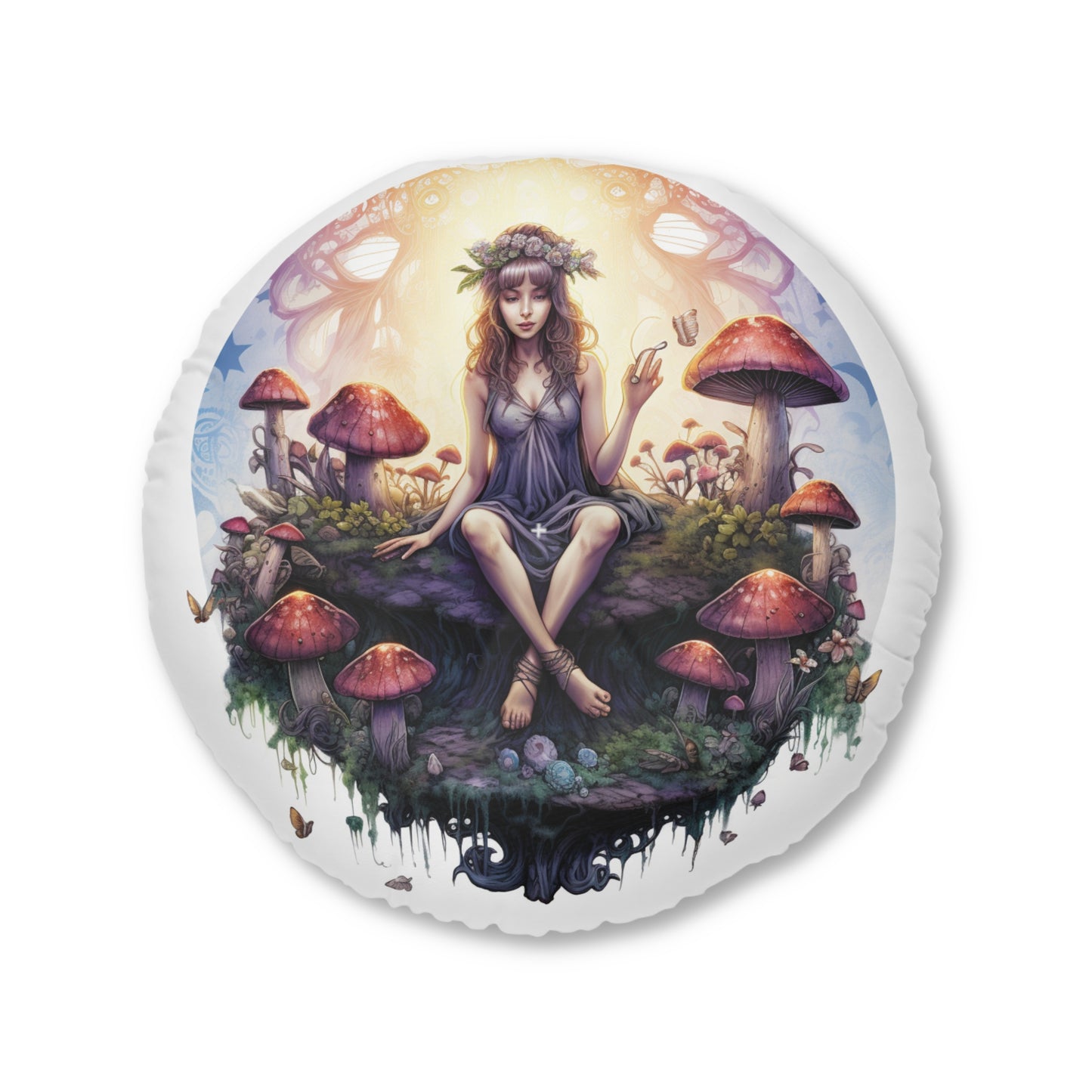 Enchanting Fairy Garden Tufted Floor Pillow, Round Cushion for Cozy Spaces, Bohemian Decor, Gift for Nature Lovers, Meditation Accessory