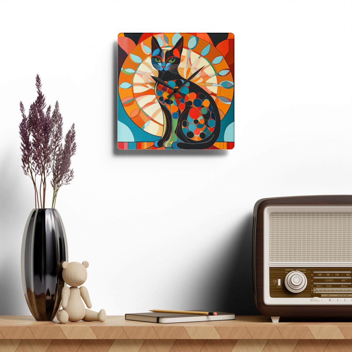 Mid Century Cat Acrylic Wall Clock, Unique Home Decor, Cat Lover Gift, Modern Art Clock, Vibrant Wall Art