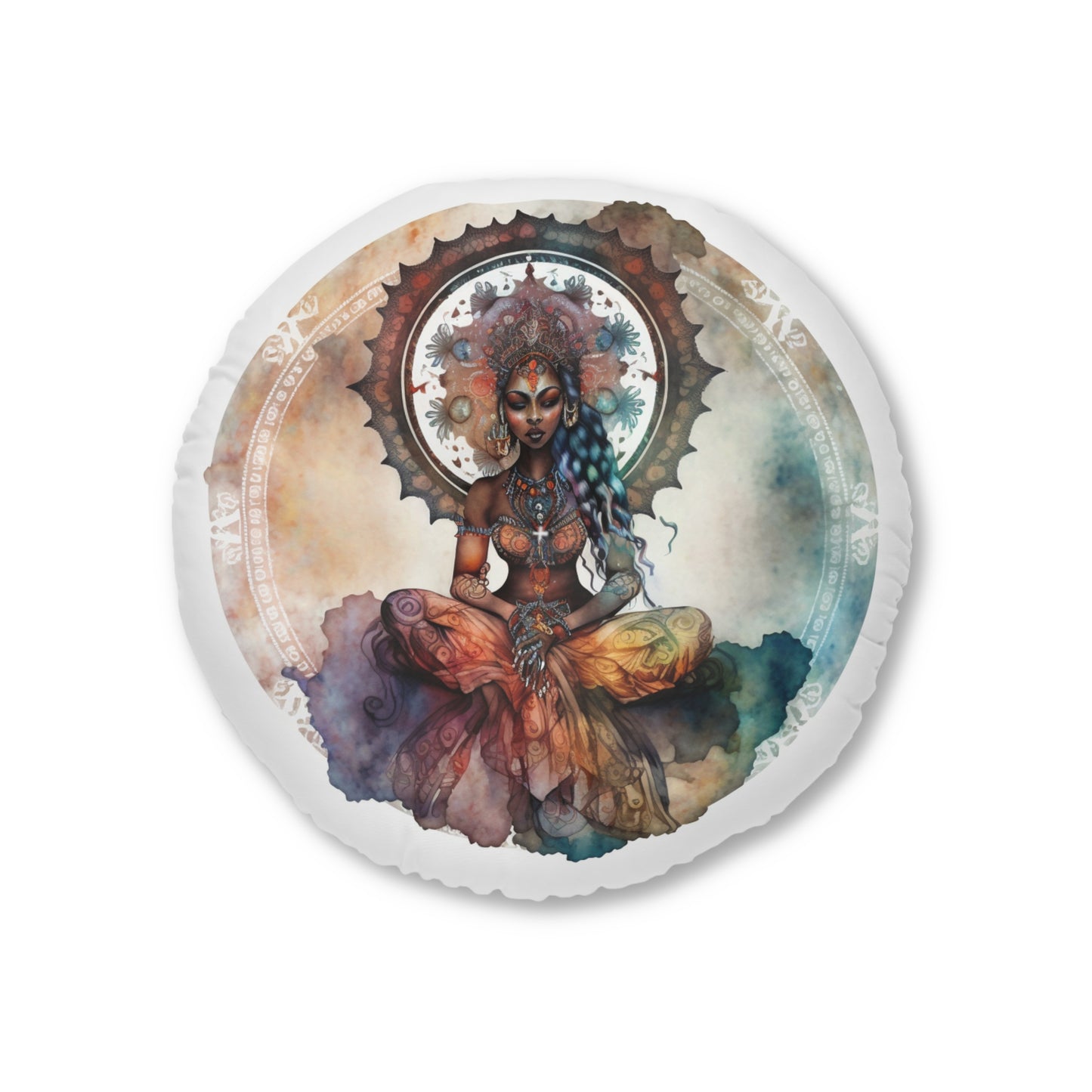 Bohemian Mystical Goddess Round Tufted Floor Pillow, Meditation Cushion, Boho Decor, Cozy Home Accent, Yoga Studio Essential