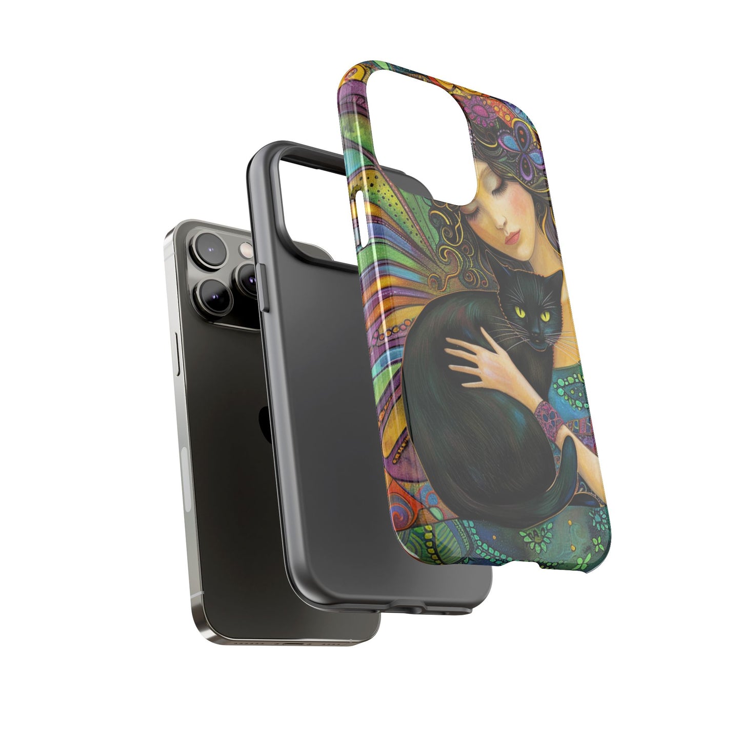 Artistic Phone Case, Celestial Cat Case, Bohemian Style, Gift for Cat Lovers, Unique Phone Protection, Colorful Design