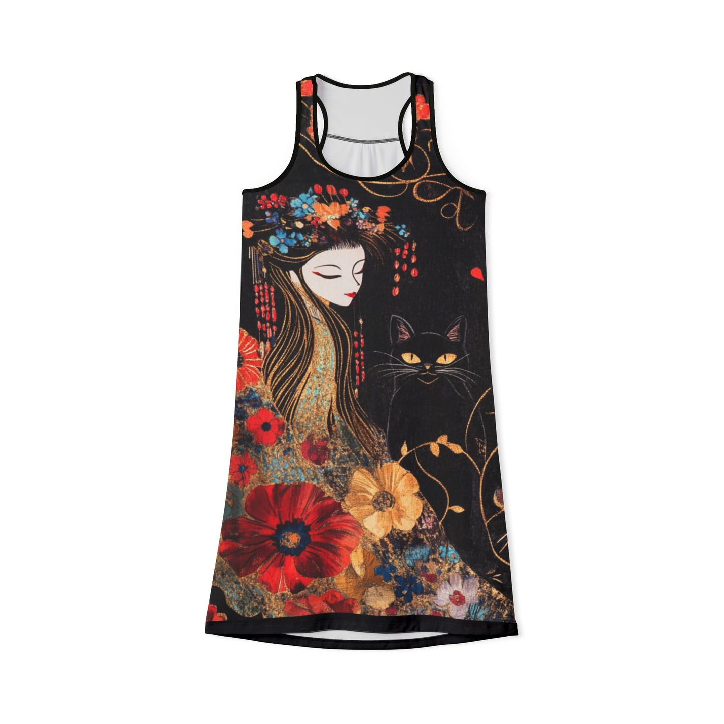 Geisha Cat Floral Racerback Dress, Summer Casual Dress, Ideal for Festivals, Beach Wear, Unique Gift for Women, Art Inspired Fashion