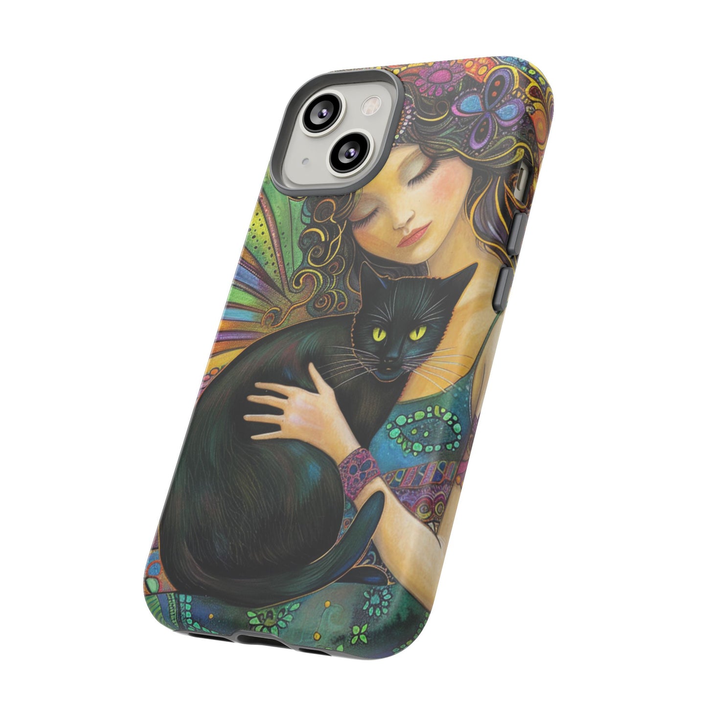 Artistic Phone Case, Celestial Cat Case, Bohemian Style, Gift for Cat Lovers, Unique Phone Protection, Colorful Design