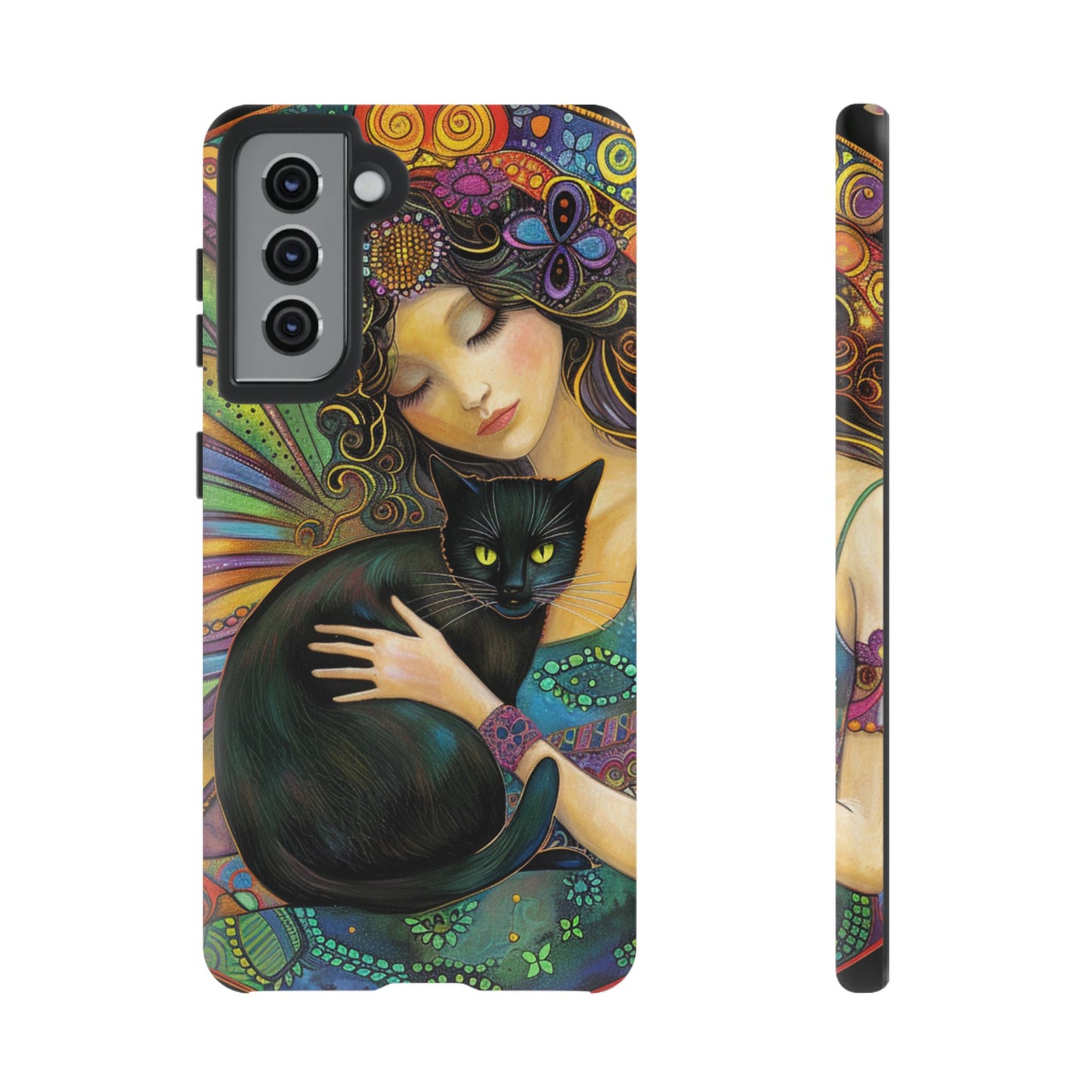 Artistic Phone Case, Celestial Cat Case, Bohemian Style, Gift for Cat Lovers, Unique Phone Protection, Colorful Design