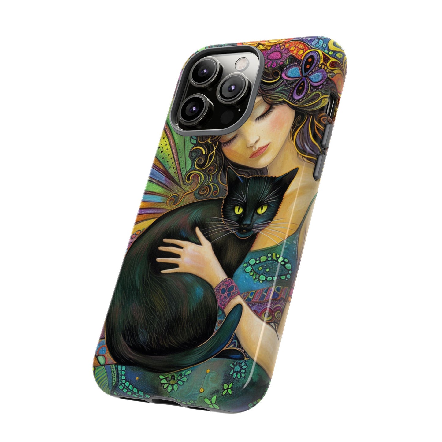 Artistic Phone Case, Celestial Cat Case, Bohemian Style, Gift for Cat Lovers, Unique Phone Protection, Colorful Design