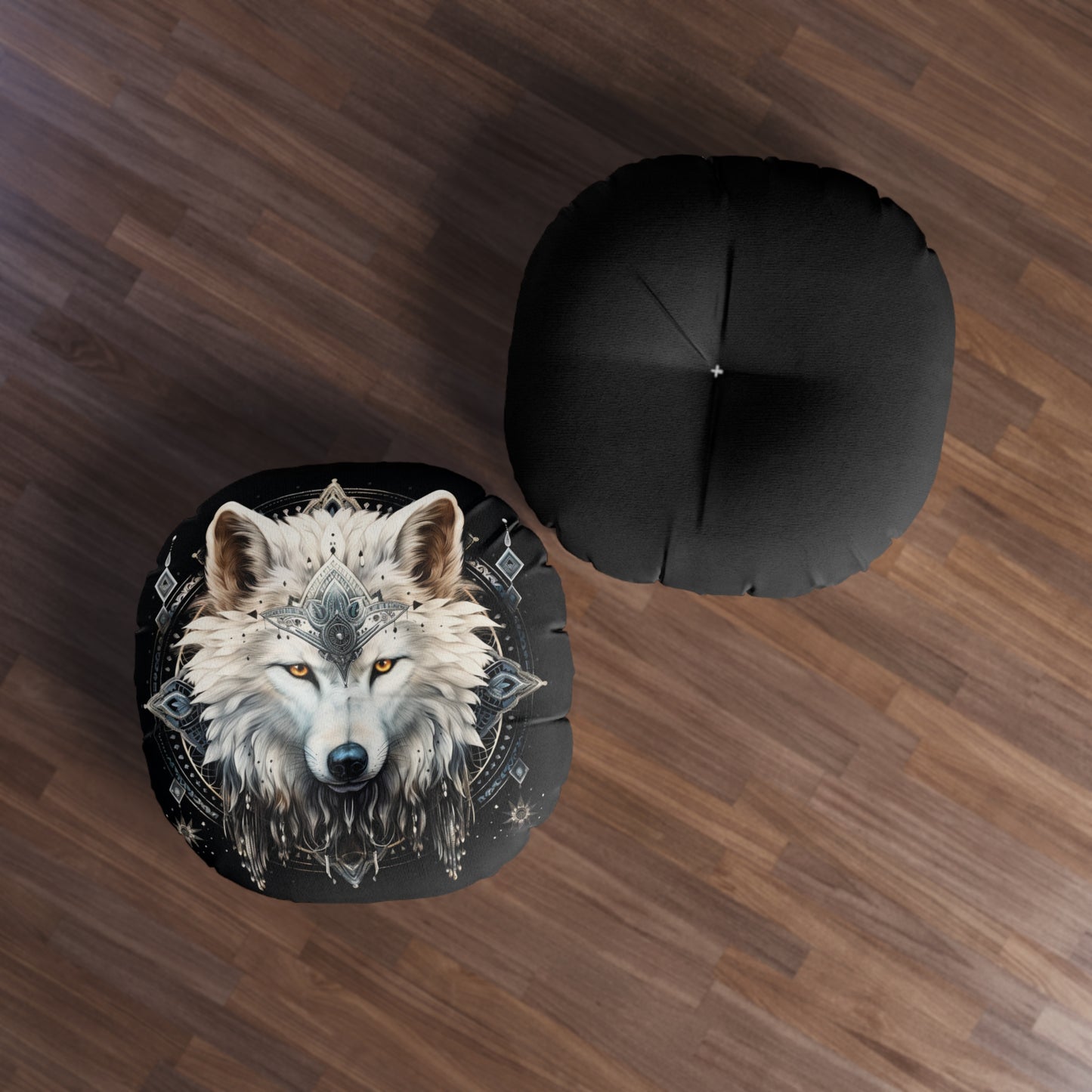 Bohemian Wolf Tufted Floor Pillow, Round Decorative Cushion, Cozy Living Room Decor, Boho Home Accent, Gift Idea for Animal Lovers