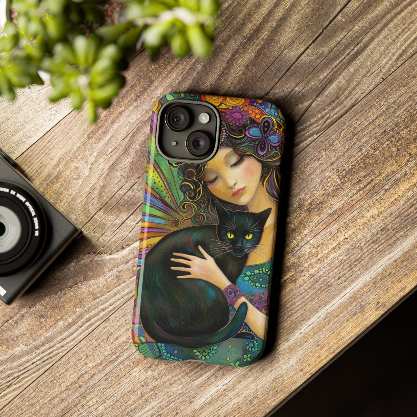 Artistic Phone Case, Celestial Cat Case, Bohemian Style, Gift for Cat Lovers, Unique Phone Protection, Colorful Design
